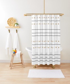 Minimalist Boho Shower Curtain with Gray Stripes and Beige Dots for Modern Bathroom Decor