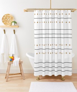 Minimalist Boho Shower Curtain with Gray Stripes and Beige Dots for Modern Bathroom Decor