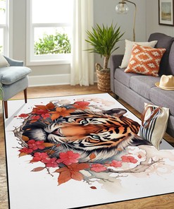 Minimalistic Japanese Tiger Area Rug with Colorized Florals and Sketches