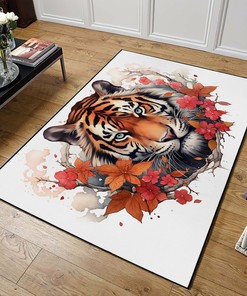 Minimalistic Japanese Tiger Area Rug with Colorized Florals and Sketches
