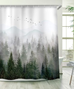 Misty Forest Mountain Shower Curtain Nature Scenery Bathroom Decor