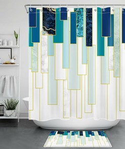 Modern Geometric Pattern Shower Curtain in Teal and White Marble - Bathroom Accessory Home Decor
