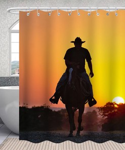 Modern Yellow Sunset Horse Shower Curtain with Wild Western Cowboys Print - Waterproof Fabric