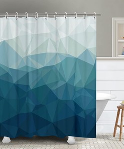 Modern and Contemporary Geometric Navy Blue Ombre Shower Curtain with Mountain Patterns - Ideal for a Sophisticated Bath Space