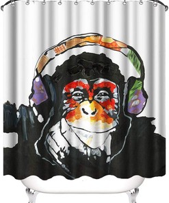 Monkey Chimpanzee Portrait Colorful Headset Shower Curtain - Animal Bathroom Decor