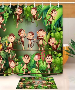 Monkey Playing in the Jungle Waterfall Shower Curtain for a Kids Bathroom Decor