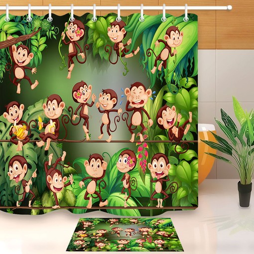 Monkey Playing in the Jungle Waterfall Shower Curtain for a Kids Bathroom Decor