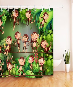 Monkey Playing in the Jungle Waterfall Shower Curtain for a Kids Bathroom Decor