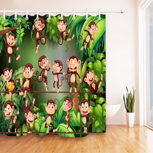 Monkey Playing in the Jungle Waterfall Shower Curtain for a Kids Bathroom Decor