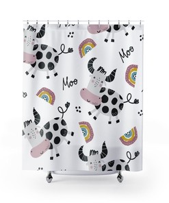 Mooing Rainbows Shower Curtain, Cute Farm Animal Bath Decor, Trendy Home Accents