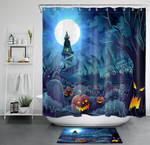 Moon Castle Shower Curtain Halloween Scary Graveyard Pumpkin Bath Accessory: A Frighteningly Fun Addition to Your Bathroom