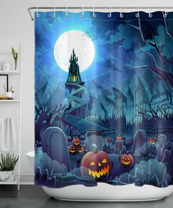 Moon Castle Shower Curtain Halloween Scary Graveyard Pumpkin Bath Accessory: A Frighteningly Fun Addition to Your Bathroom