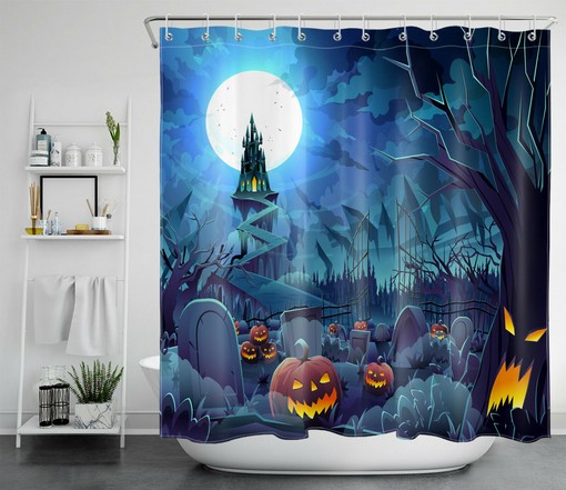 Moon Castle Shower Curtain Halloween Scary Graveyard Pumpkin Bath Accessory: A Frighteningly Fun Addition to Your Bathroom