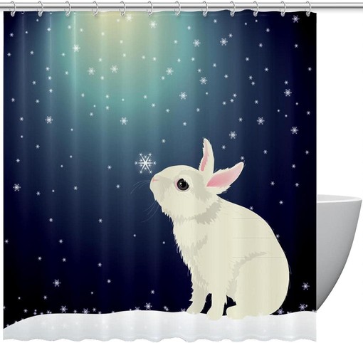 Moonlight Snowflake Bunny Snow Fabric Shower Curtain for Bathroom Decor