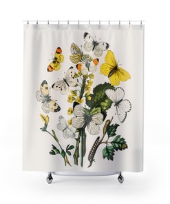 Moth and Butterfly Shower Curtain - Botanical Art - Vintage Nature - Yellow Bathroom Decor