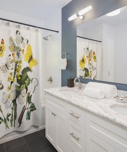 Moth and Butterfly Shower Curtain - Botanical Art - Vintage Nature - Yellow Bathroom Decor