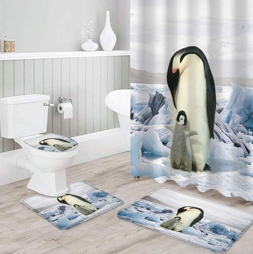 Mother Penguin and Baby Penguin Shower Curtain on Ice for Adorable Bathroom Decor