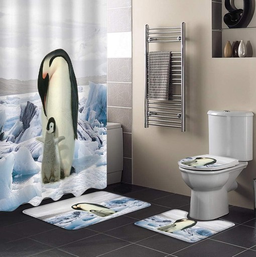 Mother Penguin and Baby Penguin Shower Curtain on Ice for Adorable Bathroom Decor