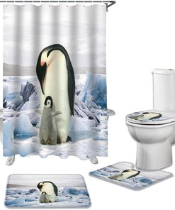 Mother Penguin and Baby Penguin Shower Curtain on Ice for Adorable Bathroom Decor