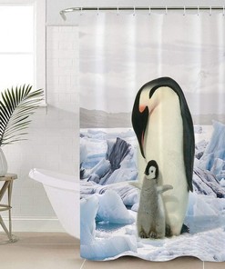 Mother and Baby Penguin on Ice Shower Curtain, Cute Animal Bathroom Decor