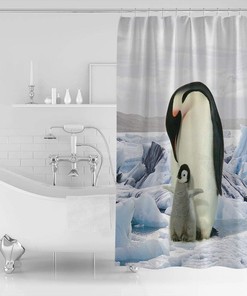 Mother and Baby Penguin on Ice Shower Curtain, Cute Animal Bathroom Decor