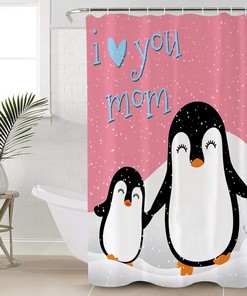 Mother's Day Penguin I Love Mom Shower Curtain - Cute Bathroom Decoration 