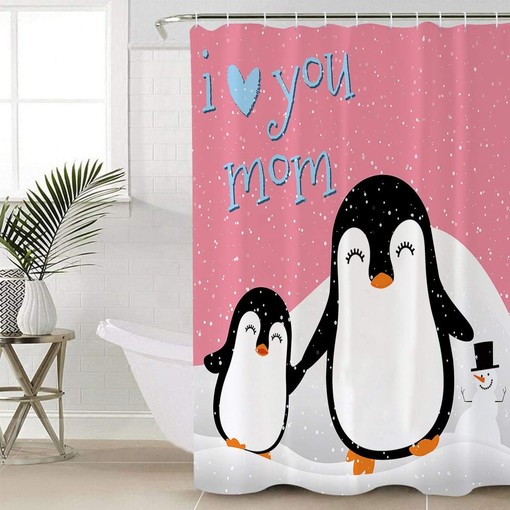 Mother's Day Penguin I Love Mom Shower Curtain - Cute Bathroom Decoration