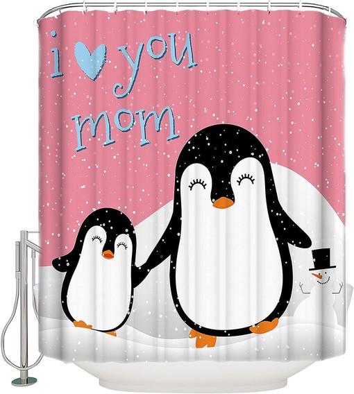 Mother's Day Penguin I Love Mom Shower Curtain - Cute Bathroom Decoration