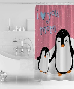 Mother's Day Penguin I Love Mom Shower Curtain - Cute Bathroom Decoration 
