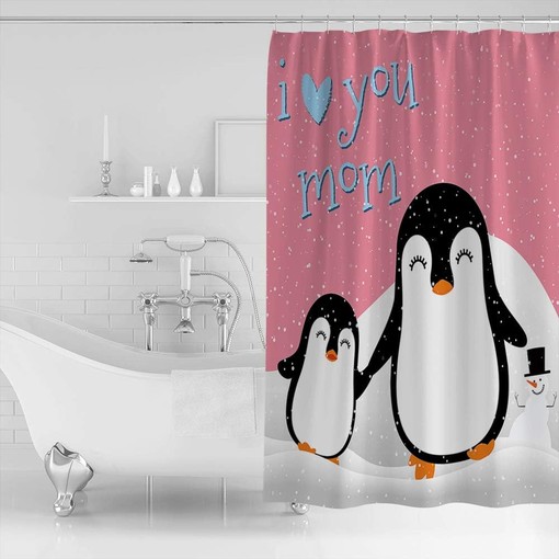 Mother's Day Penguin I Love Mom Shower Curtain - Cute Bathroom Decoration