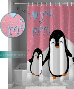 Mother's Day Penguin I Love Mom Shower Curtain - Cute Bathroom Decoration 