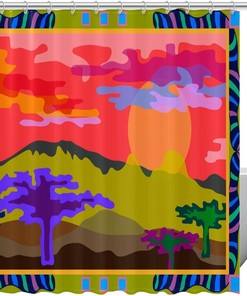 Mountain Tree Sun Colored Background Fabric Shower Curtain for Bathroom Decor