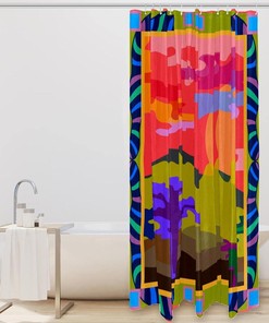 Mountain Tree Sun Colored Background Fabric Shower Curtain for Bathroom Decor