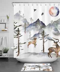 Mystic Watercolor Mountain Forest Wild Animal Shower Curtain for Your Bathroom 