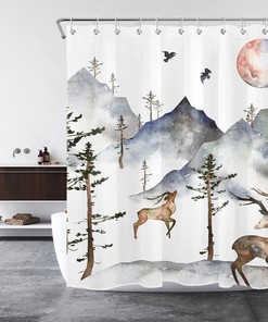 Mystic Watercolor Mountain Forest Wild Animal Shower Curtain for Your Bathroom