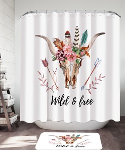 Native Floral Bull Skull Shower Curtain - Boho Chic Bathroom Decor