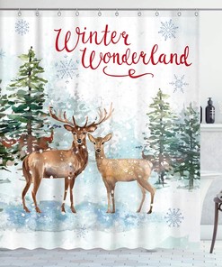 Nature Forest Snowy Scenery Deer Merry Christmas Shower Curtain by Quotes for Bathroom