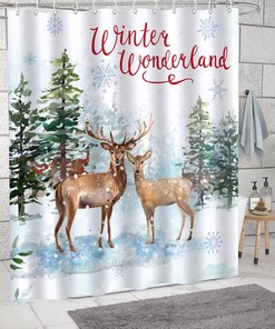 Nature Forest Snowy Scenery Deer Merry Christmas Shower Curtain by Quotes for Bathroom