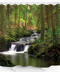 Nature Shower Curtain with Flowing Stream and Waterfall Design for Natural Landscape Bathroom Decor, Waterproof Fabric
