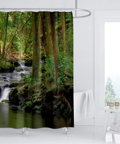 Nature Shower Curtain with Flowing Stream and Waterfall Design for Natural Landscape Bathroom Decor, Waterproof Fabric
