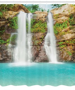 Nature and Fresh Lake Scenery Waterfall Shower Curtain, Tropical Rainforest Bathroom Decor and Waterproof Fabric Screen