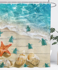 Nautical Sea Turtle and Starfish Shower Curtain with Vintage Teal Wood Board for Coastal Bathroom Decor 