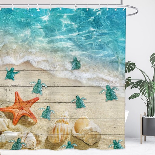 Nautical Sea Turtle and Starfish Shower Curtain with Vintage Teal Wood Board for Coastal Bathroom Decor
