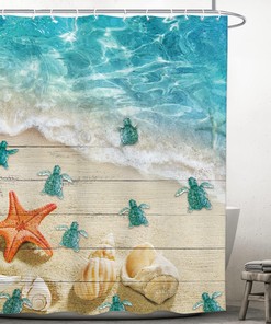 Nautical Sea Turtle and Starfish Shower Curtain with Vintage Teal Wood Board for Coastal Bathroom Decor