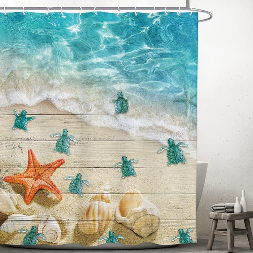 Nautical Sea Turtle and Starfish Shower Curtain with Vintage Teal Wood Board for Coastal Bathroom Decor