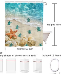 Nautical Sea Turtle and Starfish Shower Curtain with Vintage Teal Wood Board for Coastal Bathroom Decor 