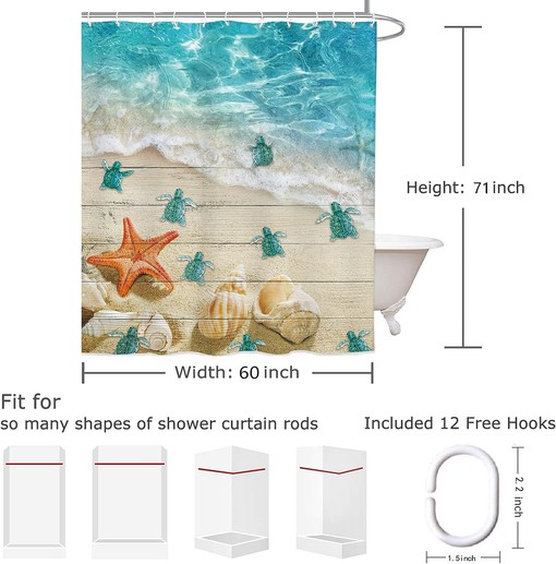 Nautical Sea Turtle and Starfish Shower Curtain with Vintage Teal Wood Board for Coastal Bathroom Decor