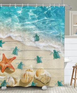 Nautical Sea Turtle and Starfish Shower Curtain with Vintage Teal Wood Board for Coastal Bathroom Decor 