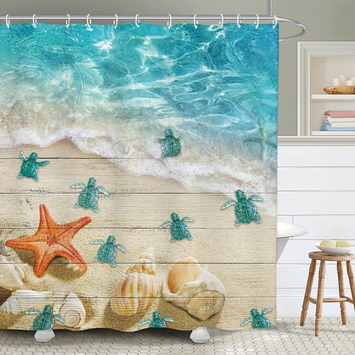 Nautical Sea Turtle and Starfish Shower Curtain with Vintage Teal Wood Board for Coastal Bathroom Decor