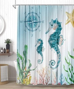 Nautical Seahorse Shower Curtain - Rustic Wooden Board Beach Coastal Ocean Starfish Bathroom Decor